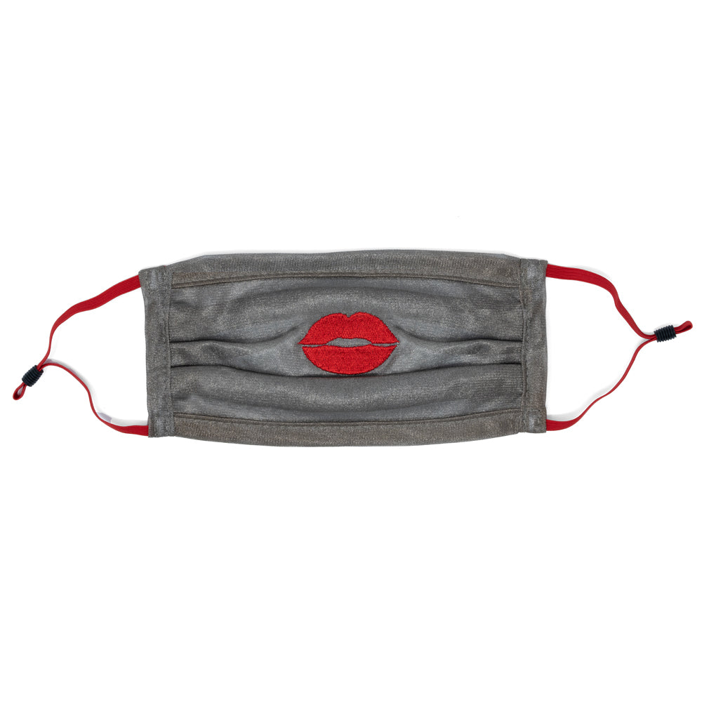 Silver Mesh Pleated Mask with LARGE Red Lips
