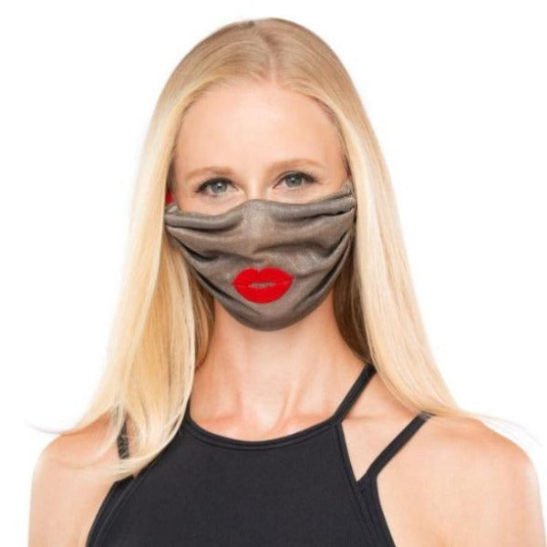Silver Mesh Pleated Mask with LARGE Red Lips