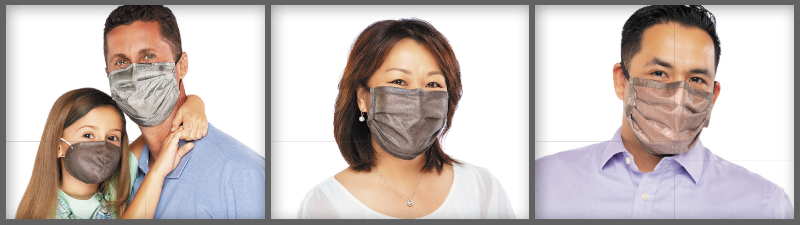 Men Women and Children Wearing TRU47 Silver and Copper Masks