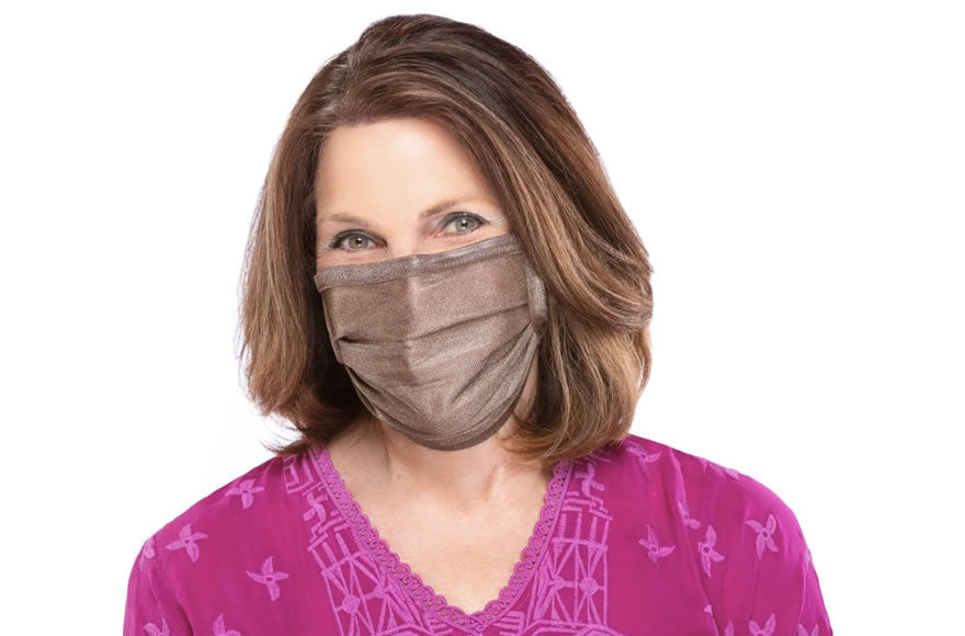 Woman Wearing Copper and Silver Mesh Pleated Mask