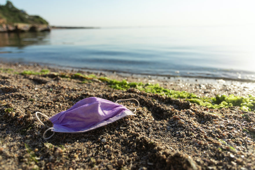 Discarded Face Mask on Sandy Beach: Reusable Eco-Friendly Silver Face Masks
