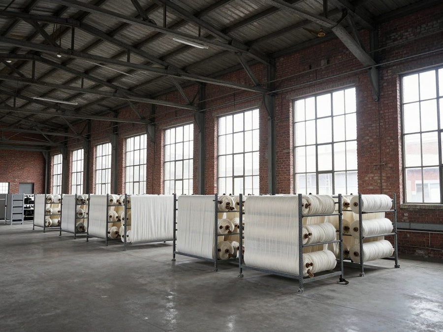 Interior of an American textile mill, brick walls and steel roof trusses