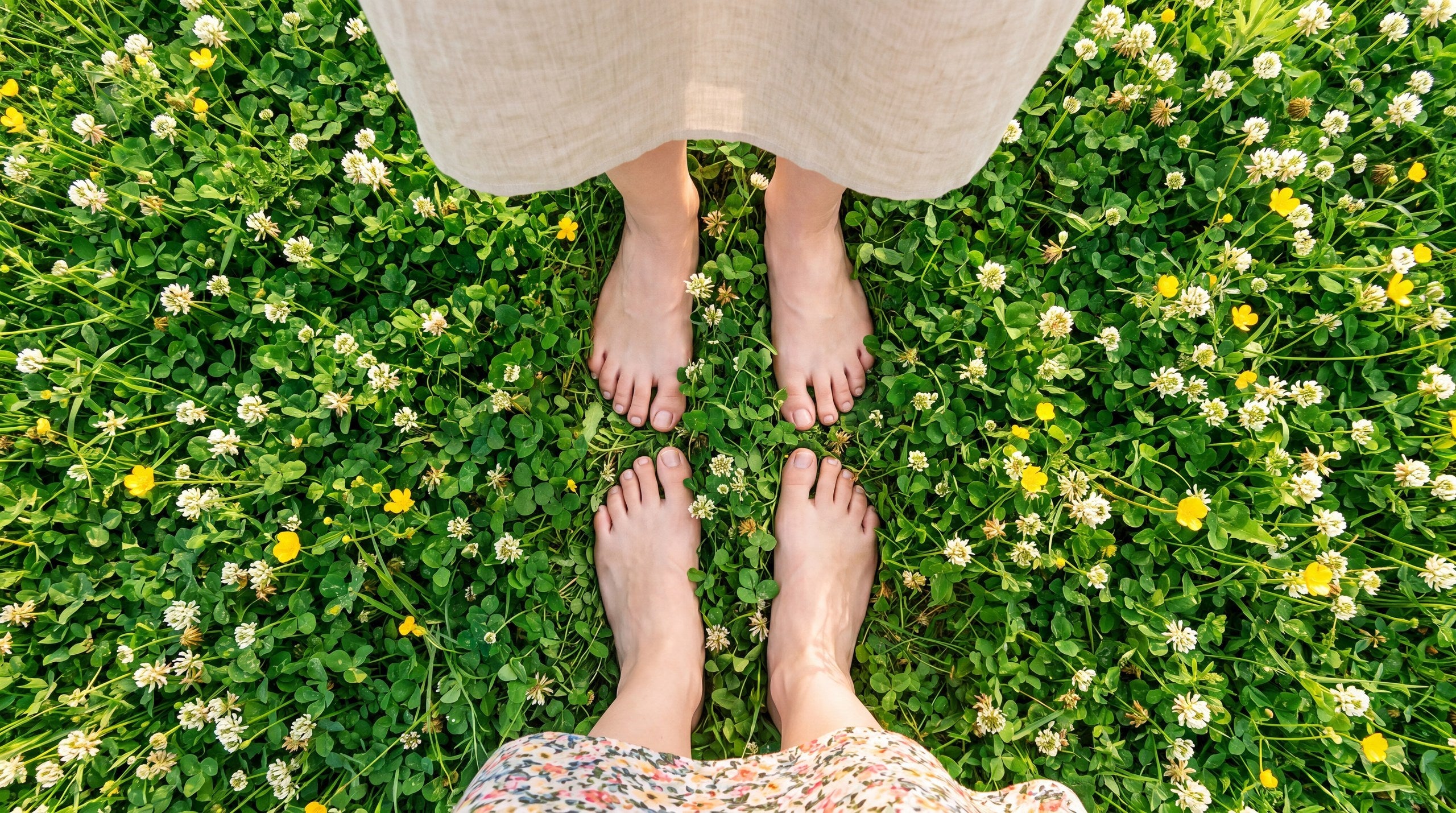 Two people standing barefoot in clover in summer sun