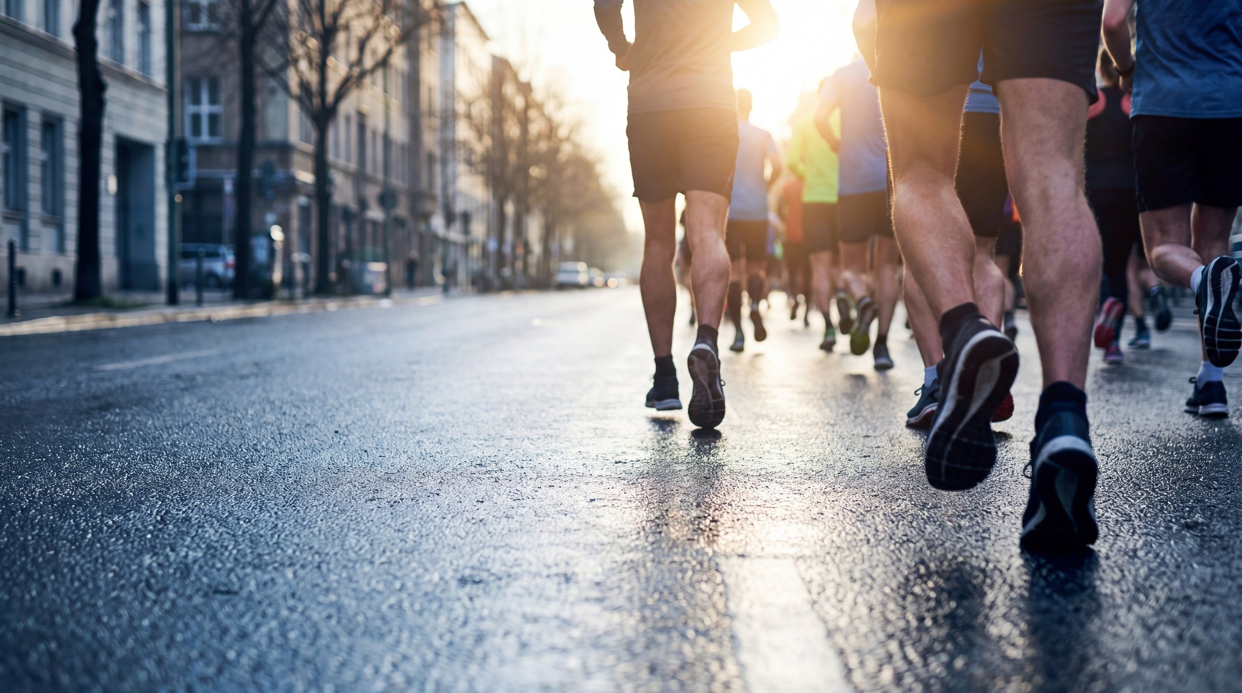 Runners on a wet city street at sunrise during a road race