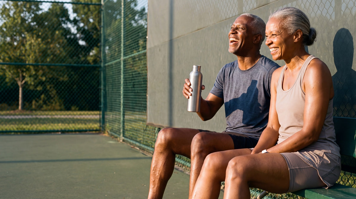 A couple laughing on a bench beside a court after playing