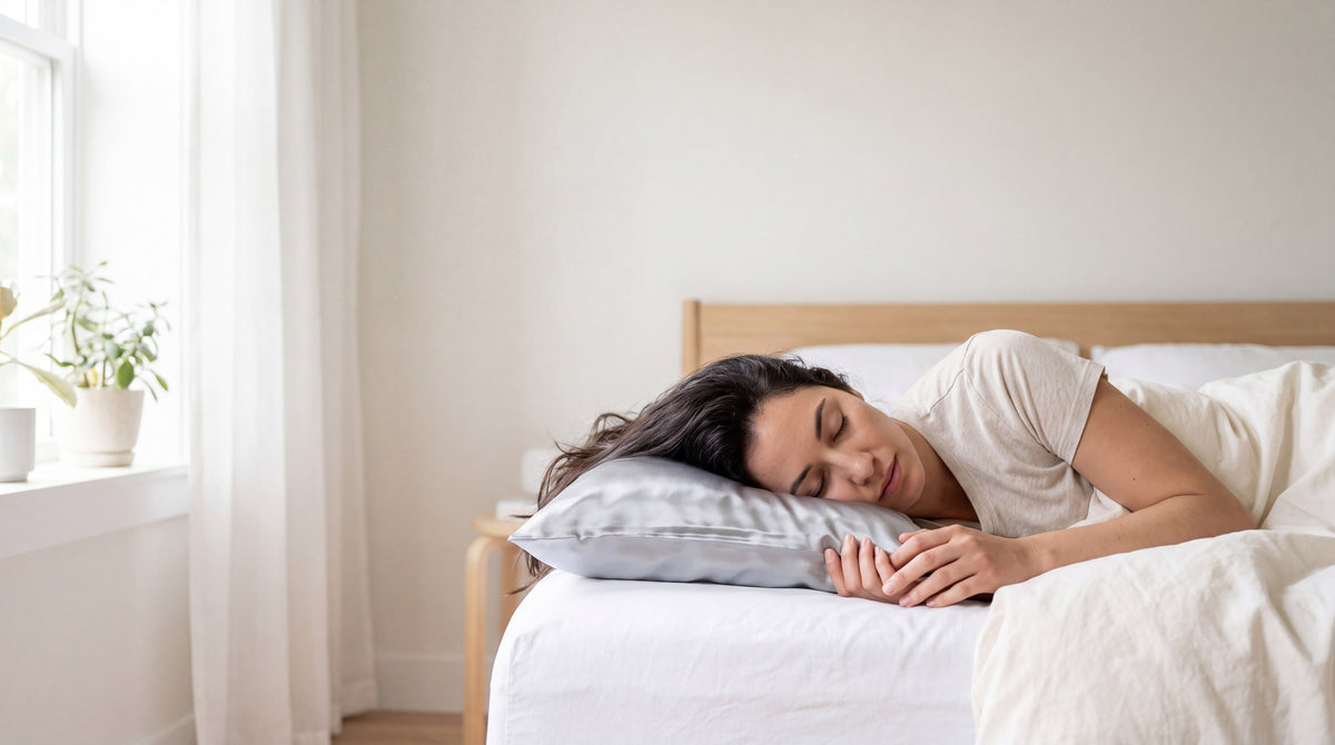 A person asleep on a white pillow in morning light