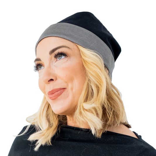 Black Silver Cotton Double Knit Beanie